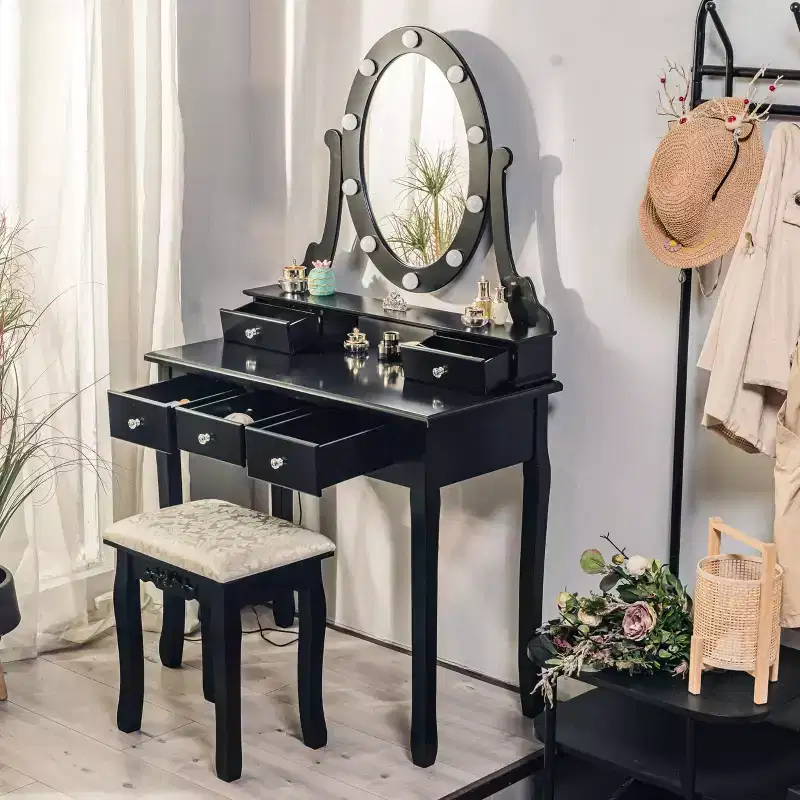 Vanity Desk, Girls Vanity Set with Lighted Mirror and Stool, Makeup Table with 5 Drawers,Vanity Dressing Table