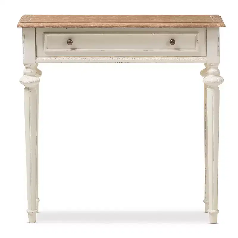 Marquetterie French Provincial Style Weathered Oak & Distressed Wood Console Table - White - Baxton Studio: Vintage, Carved Legs