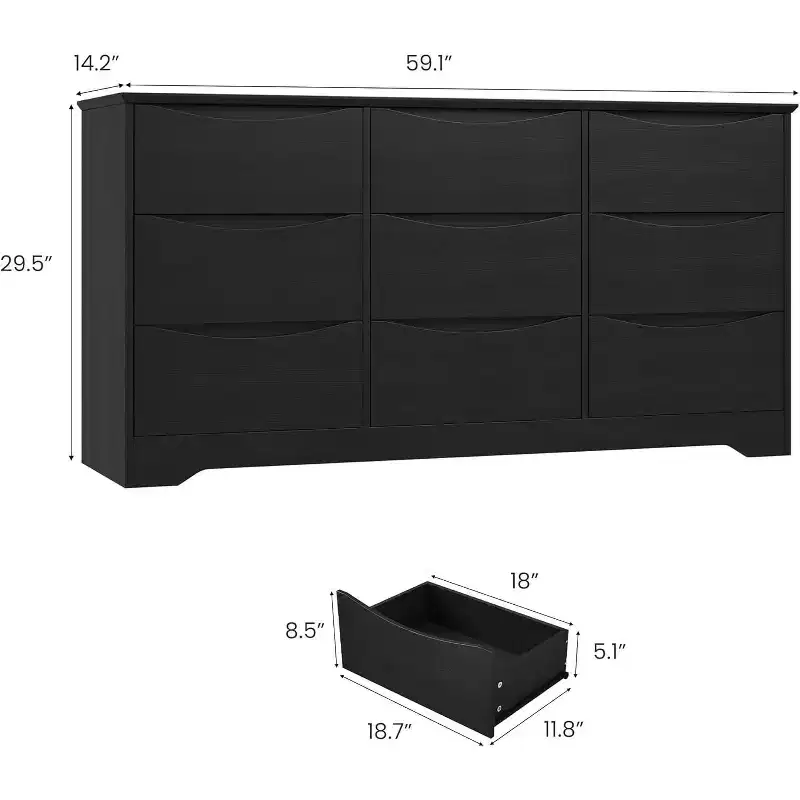 Wooden Dresser with 9 Drawers, Tall Closet with Deep Storage, Large Chest of Drawers with Wide Top, Long Storage Dresser for Bedroom, Living Room