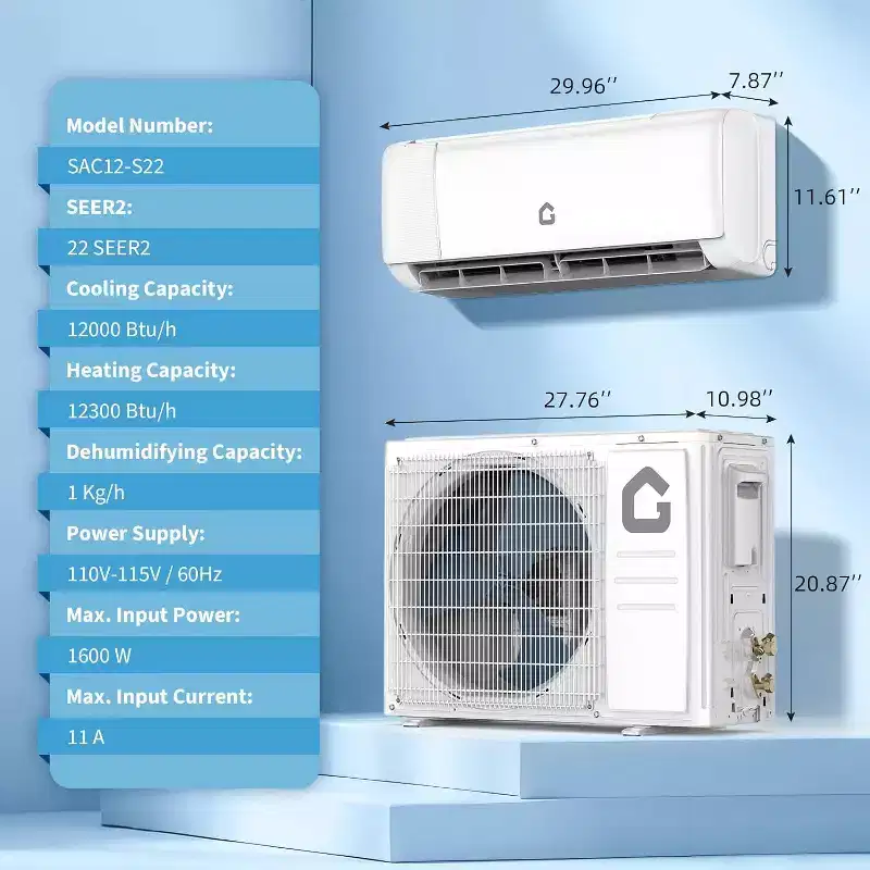 12000 BTU Wifi Mini Split AC, 22 SEER2 208-230V Inverter Ductless Wall AC w/WiFi & Alexa Compatible