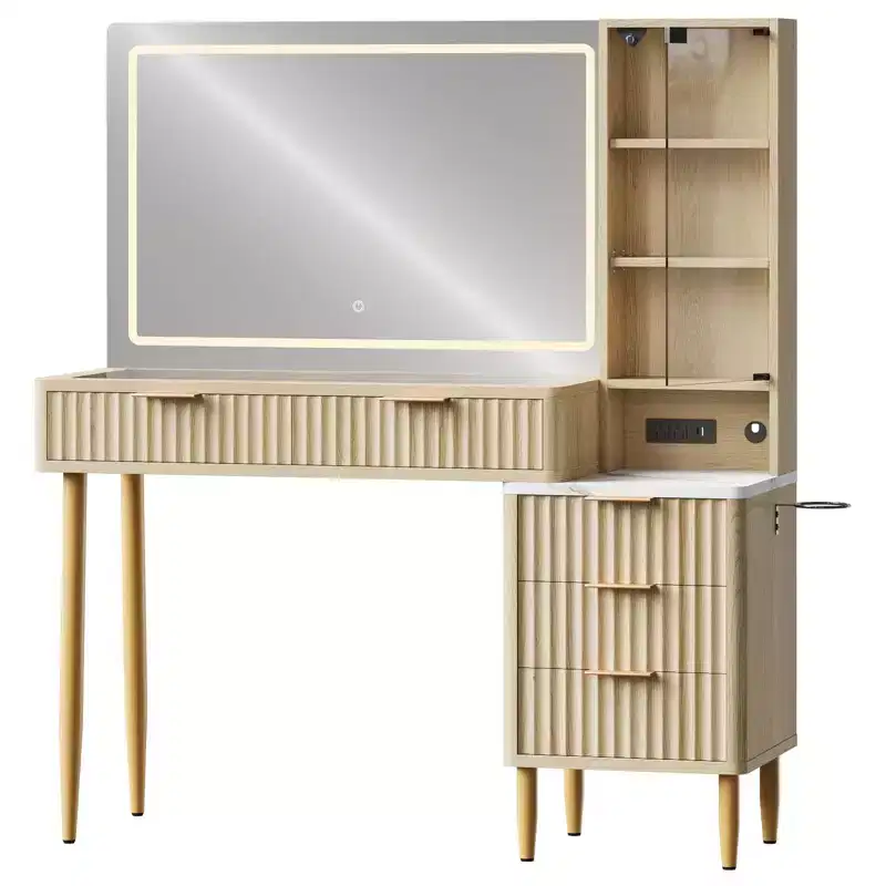 Particle Board LED Dressing Table with Wave Pattern, Durable MDF, Modern Design, Built-In LED Lighting, Spacious Storage