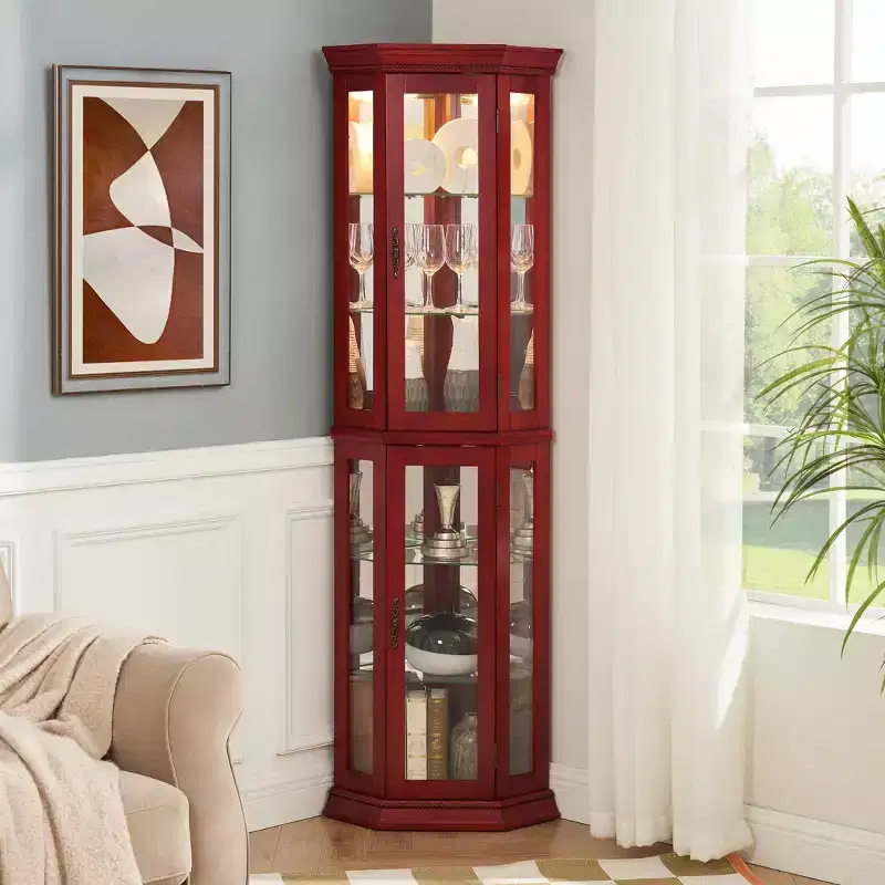 Corner Curio Cabinet with Light, Adjustable Glass Shelves, and Beaded Decoration for Displaying Collectibles