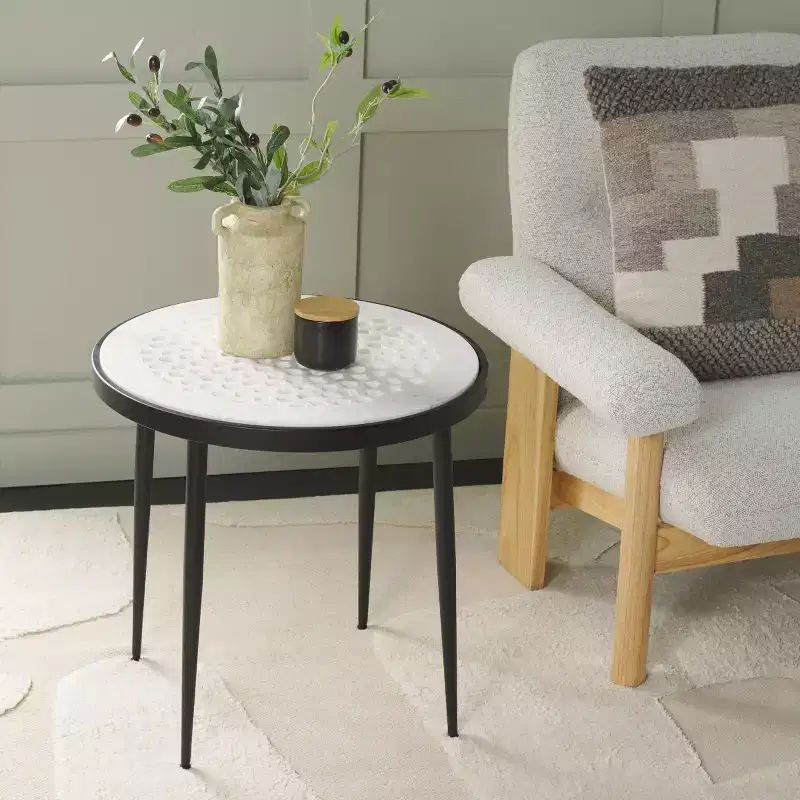Round Marble Side Table, White Marble Top, Black Iron Base, 19