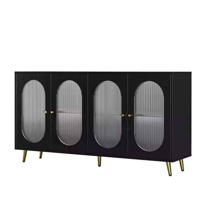 4-Door Decorative Storage Cabinet with Fluted Acrylic Doors & Metal Legs, Living Room Sideboard, Black