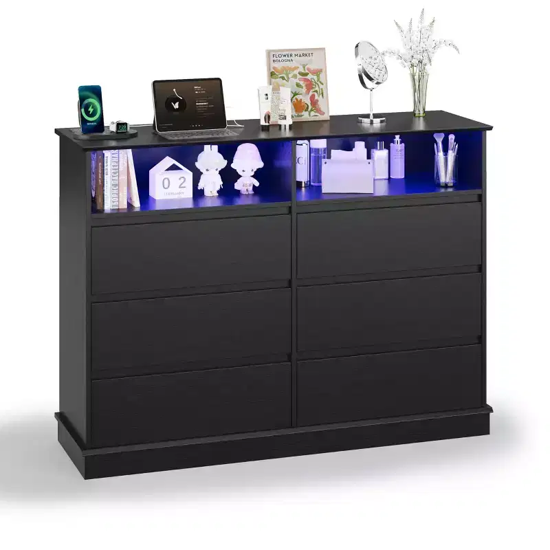 Dresser for Bedroom, 6 Drawer Dresser, Wide Chest of 6 Drawers with Open Space, Modern Large Capacity Storage Cabinet, Living Room, Hallway