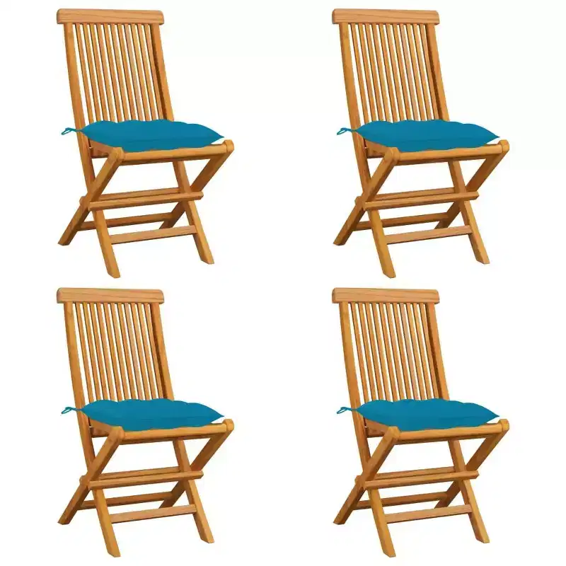 vidaXL Light Blue Cushioned Patio Chairs, Set of 4, Outdoor Solid Teak Hard Wood Furniture, Weatherproof, Durable, Versatile, Foldable for Portability
