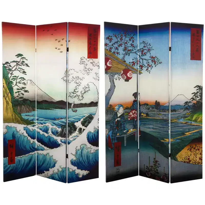 6' Tall Double Sided Hiroshige Room Divider Sea At Satta/Teahouse : Folding Privacy Screen, Wood Composite Frame