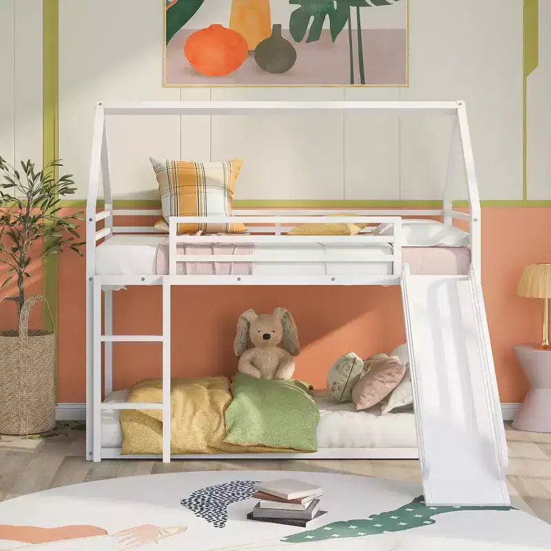 Twin over Twin Metal House Bunk Bed with Convertible Slide and Ladder