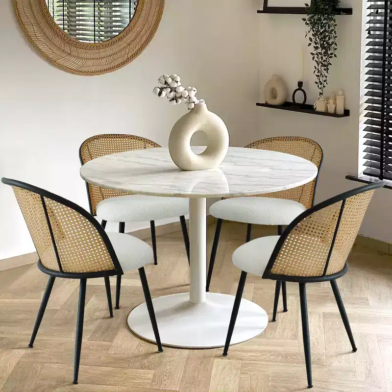 Rattan Dining Chairs Set of 4, Modern Upholstered Armless Kitchen Side Chair with Woven Cane Back, White Boucl Seat & Black Metal Legs - Panipeachy
