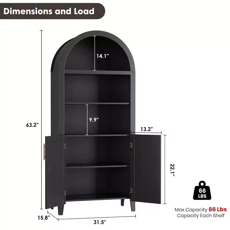 COZONY Arched Bookcase with Doors, 5-Tier Modern Bookshelf with Storage Cabinet, Open Display Shelf for Living Room Home Office