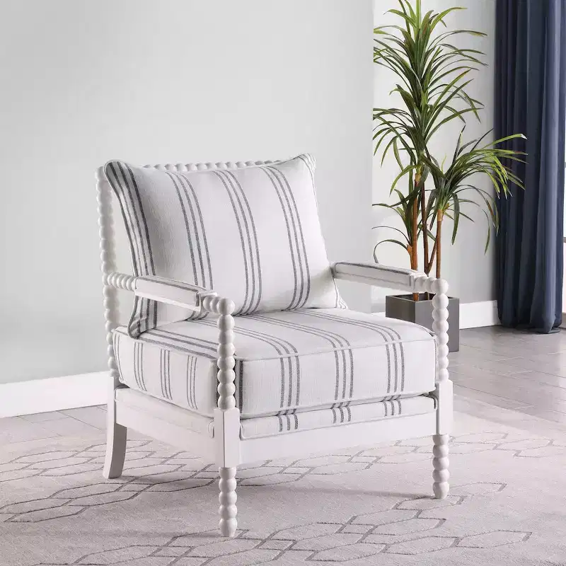 Upholstered Bobbin Accent Chair, White and Navy