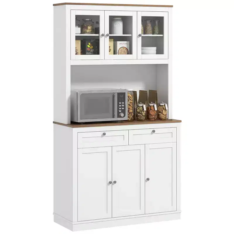 HOMCOM 71 Tall Kitchen Pantry Storage Cabinet with 2 Drawers, Microwave Cabinet with Adjustable Shelves and Glass Doors, White