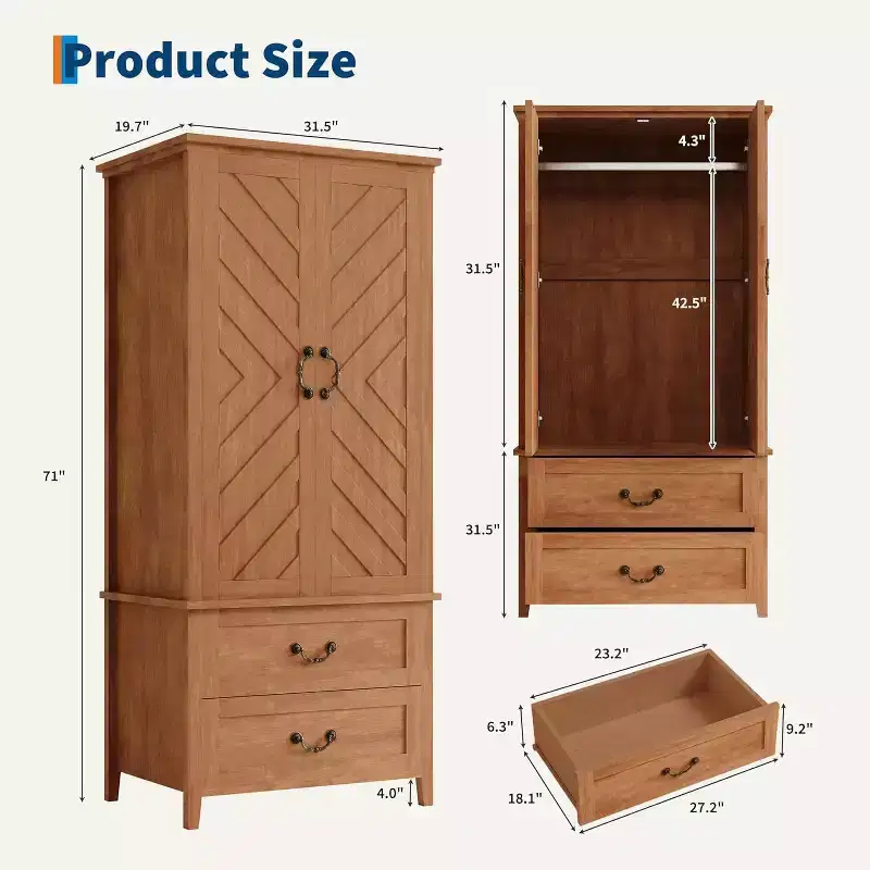 71.06 V Shape Armoire Farmhouse Wooden Tall Bedroom Armoire Closet Cabinet with 2 Doors & Drawers,Hanging Rod,Freestanding Large Storage Cabinet