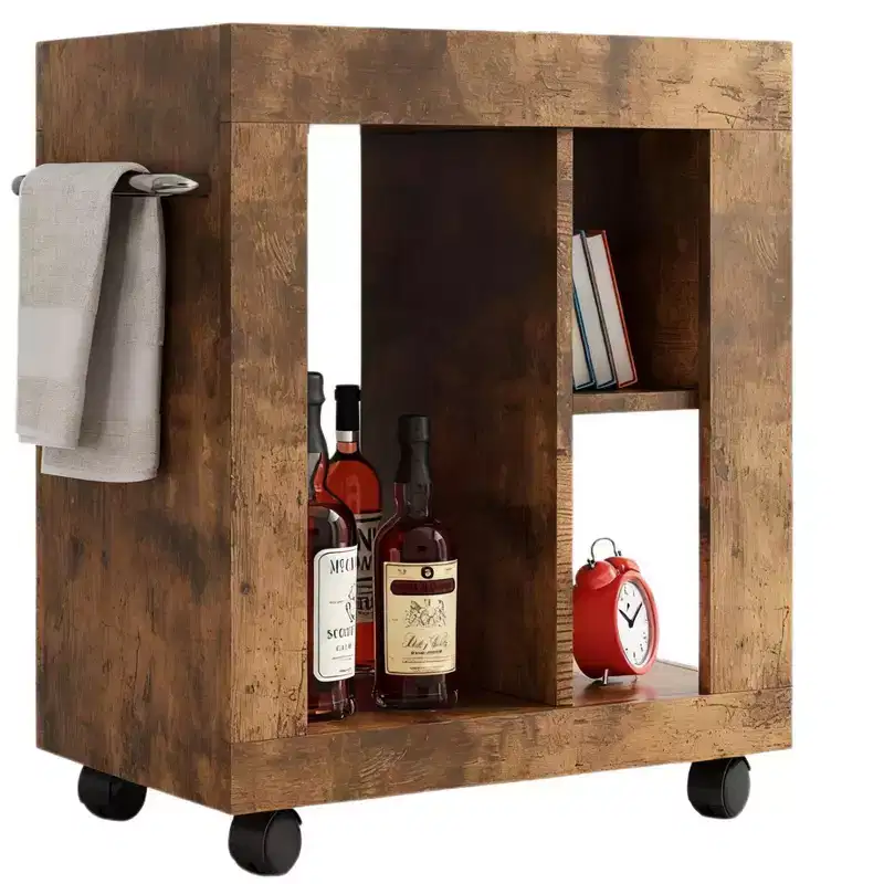 Homy Casa Rustic Bar Cabinet with Marble Top and Wheels, Brown  Mobile Storage Cart for Kitchen & Living Room