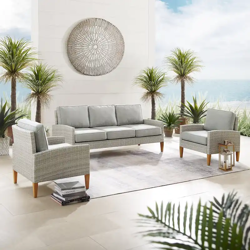 Crosley Capella Outdoor Wicker 3Pc Sofa Set - 33H x 80W x 132D