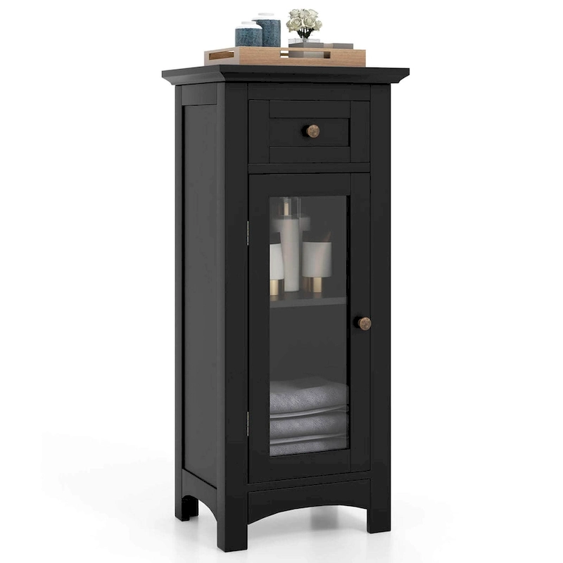 Costway Bathroom Floor Cabinet with Single Glass Door Drawer & - See Details