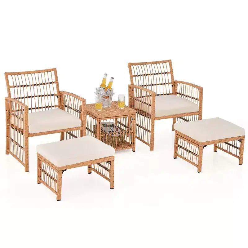 Costway 5 Piece Patio Rattan Wicker Conversation Set with 2-Tier Coffee Table & 2 Ottomans