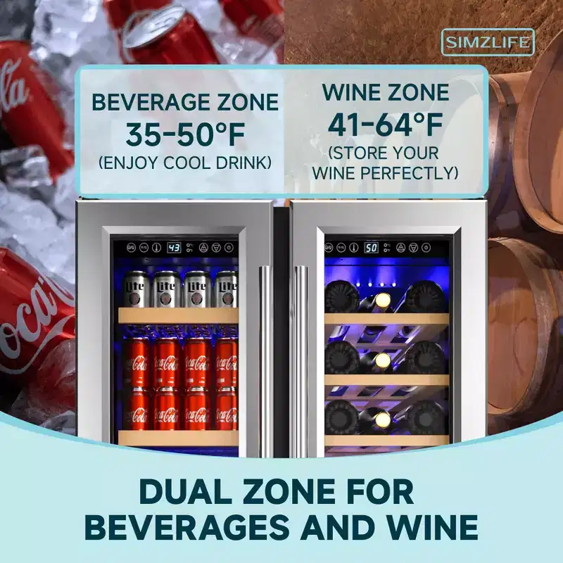 Simzlife 4.65 cu. ft. Dual Zone Wine&Beverage Fridge, 21 Bottles+88 Cans, Built in Refrigerator with Glass Door, for Home/Bar/Office, Silver
