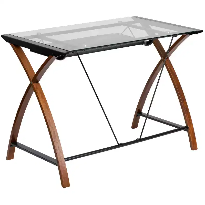 Emma and Oliver Glass Computer Desk-Pull-Out Keyboard Tray & Crisscross Frame