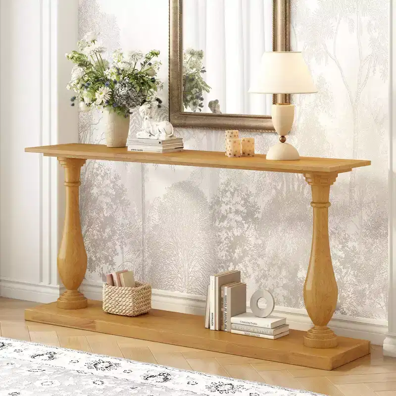 Okak 63IN Vintage Entryway Table with Pine Veneer, Console Table with Elegant Tapered Legs and Open Shelf, Hallway Table for Living Room, Natural