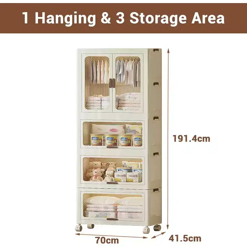 Acekool Kids Wardrobe Closet with Doors & Wheels, 4-Tier Portable Storage Cabinet with Hanging Rod & Hangers, Organizer for Nursery or Bedroom