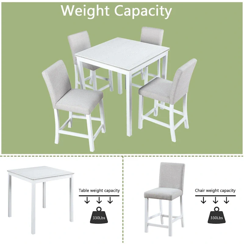 Modern 5-Piece Dining Set with Square Counter Height Table & 4 Upholstered Chairs