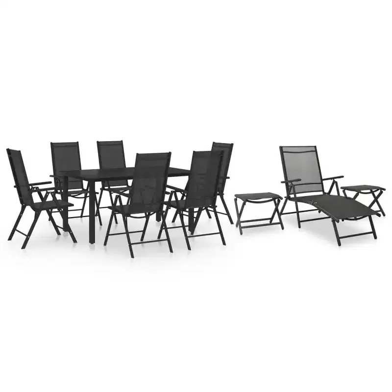 vidaXL Dining Set Black Aluminum 10 Piece Set Adjustable Footrests