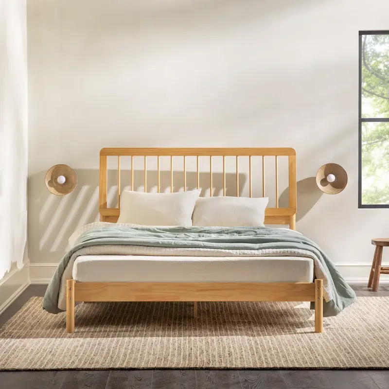 Solid Wood Queen Spindle Bed, Caramel / Natural Pine / Black, Fits 2