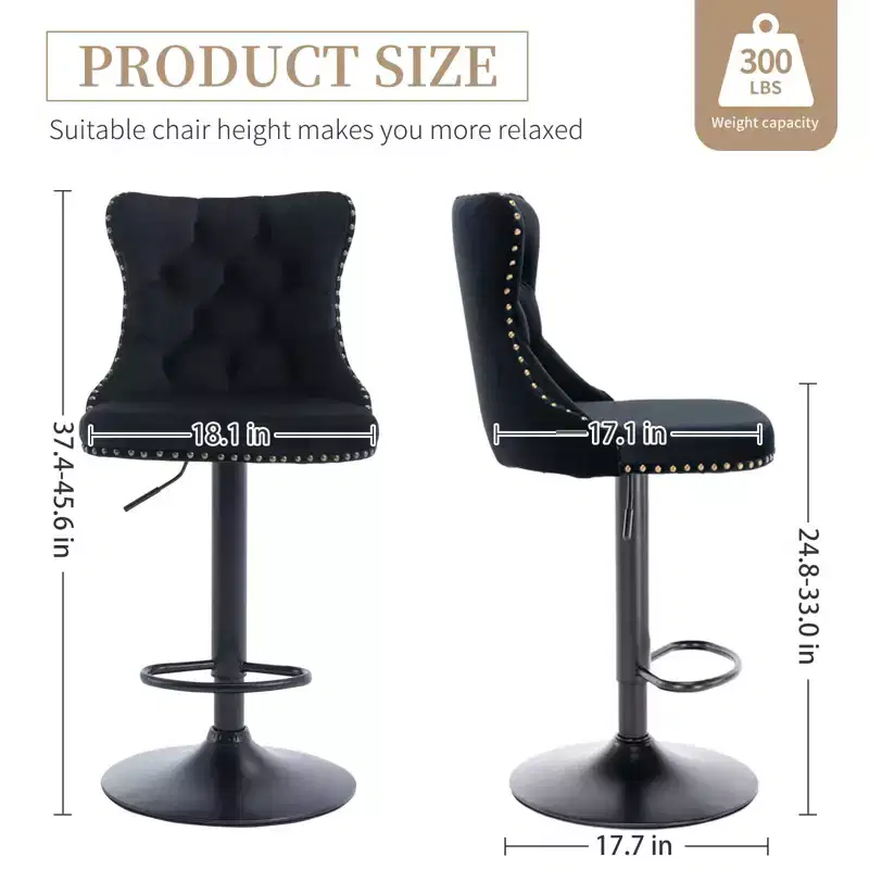 Swivel Velvet Bar Stools Set of 2, Adjustable Height Tufted Upholstered Mid Back, Black