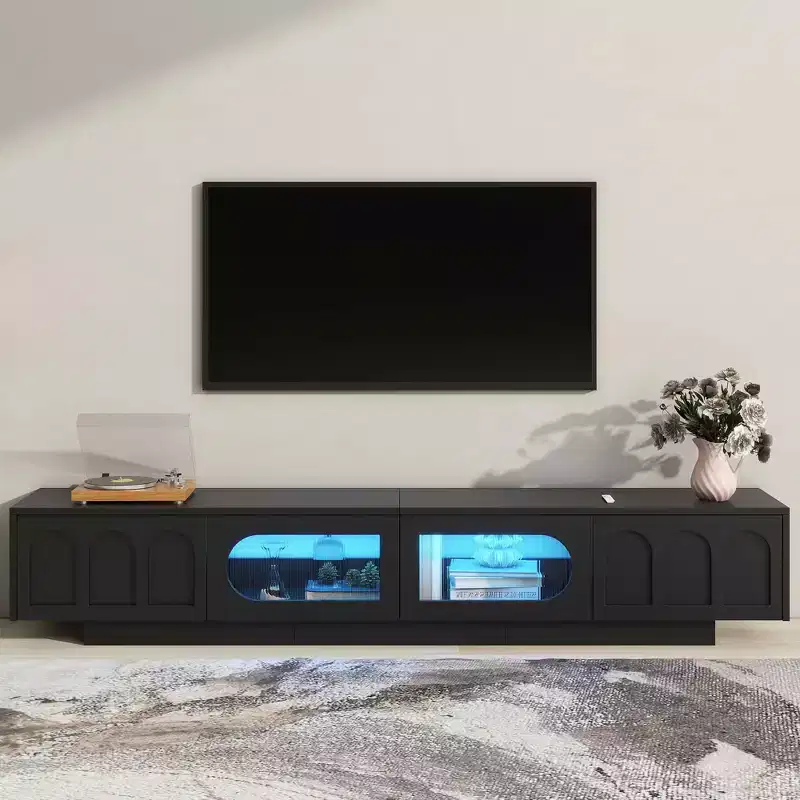 MAYEERTY White TV Stand with Fluted Glass Doors, APP LED Media Console for 95 TVs
