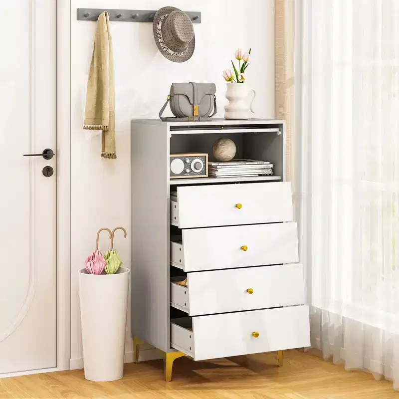 Costway 4 Drawer Dresser 44.5 Tall Dresser Chest of Drawers w/Flip-up Fluted Glass Door