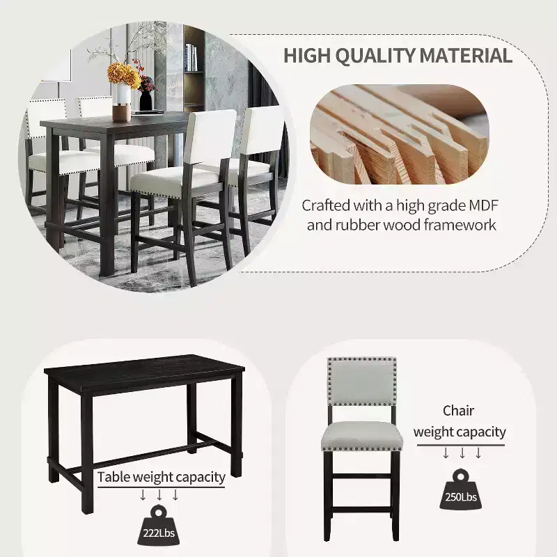 Whisen 5-Piece Counter Height Dining Set with Classic Elegant Table and 4 Chairs