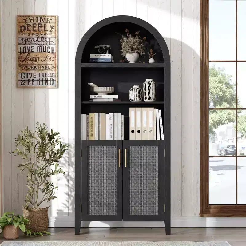 63.2Arched Bookcase with Doors, 5 Tier Open Display Shelf with Rattan Decor, Versatile Storage Cupboard for Kitchen, Dining Room, Living Room