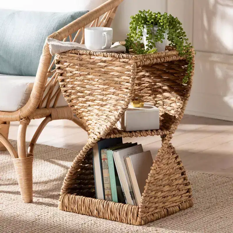 Seagrass End Table with Metal Helix Frame & Open Shelves, Bohemian Style, Fully Assembled