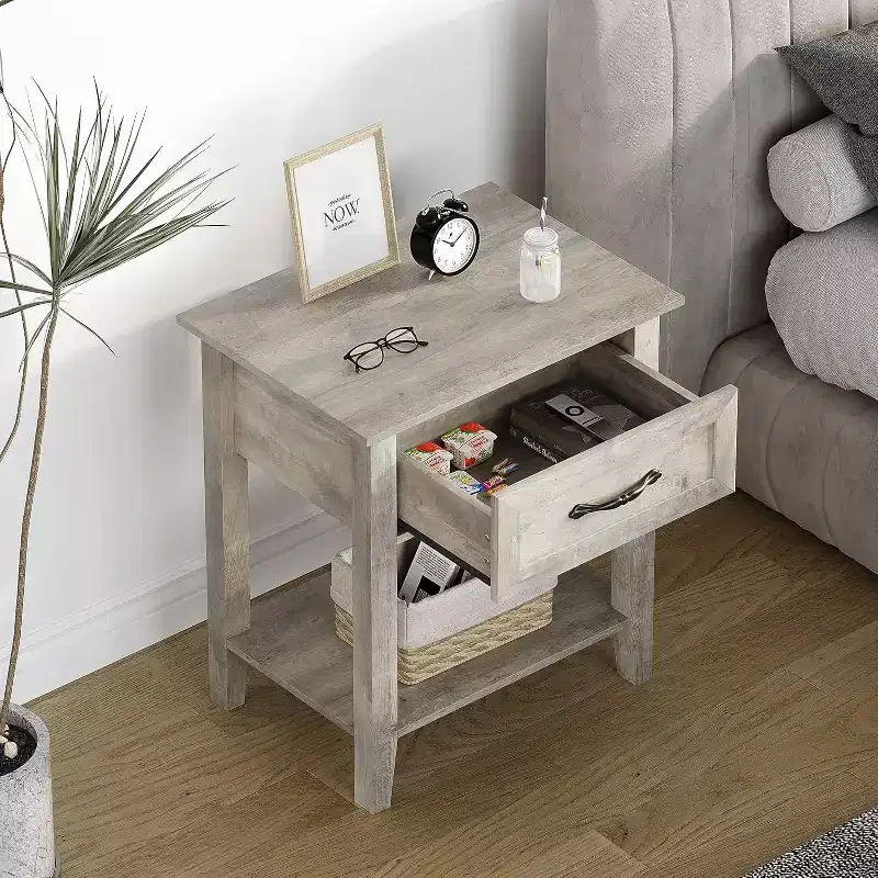 Nightstand with Wood Bedside Table 1 Drawer, Open Storage Shelf, Industrial Side Table, Narrow White Nightstand, Versatile for Bedroom,Small Spaces