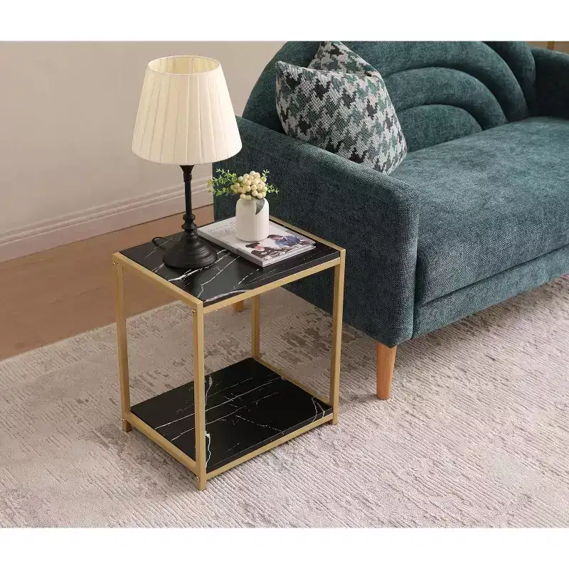 2-Tier Faux Marble Side End Table Gold Metal Frame Nightstand Bedroom Living Room