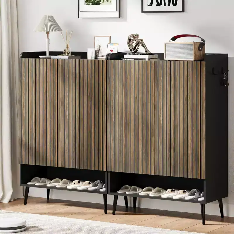 Large Shoe Cabinet with Doors, 6-Tier Shoe Organizer with 2 Doors & Hooks for Hallway & Entryway