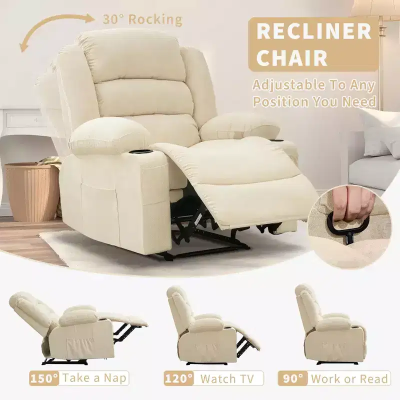 Large Recliner Chair for Adults, Manual Fabric Recliner with Side Pockets & Cup Holders