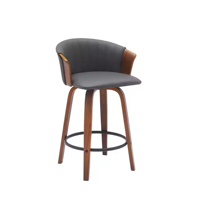 HomeRoots 26 Gray and Wood Brown Faux Leather with Solid Wood Swivel Counter Height Bar Chair
