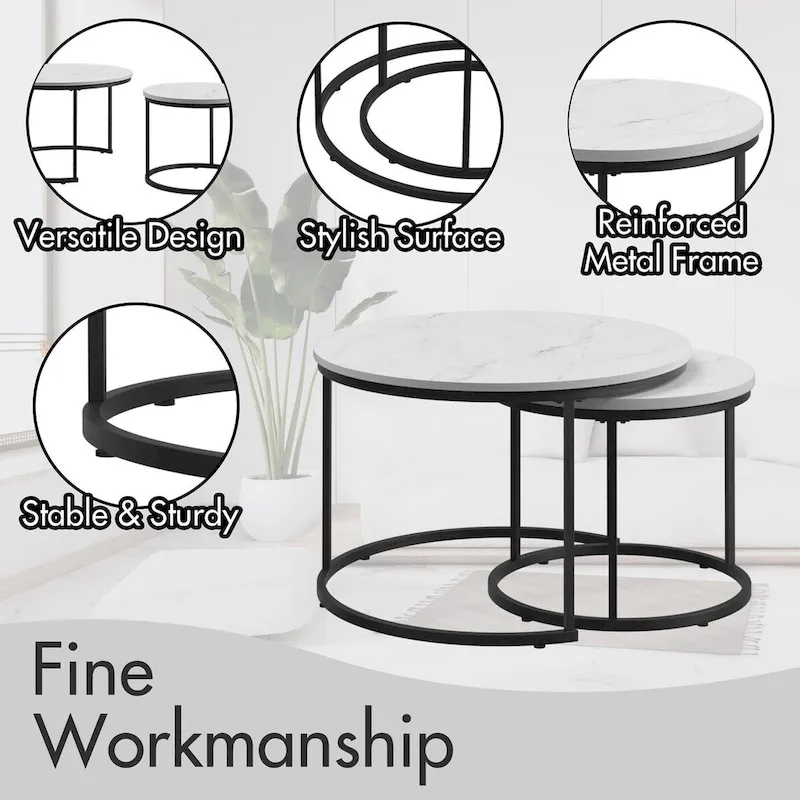 Nesting Coffee Table Set of 2, 27.6inch Round Coffee Table Wood Finish with Sturdy Metal Frame,End Table Side Tables