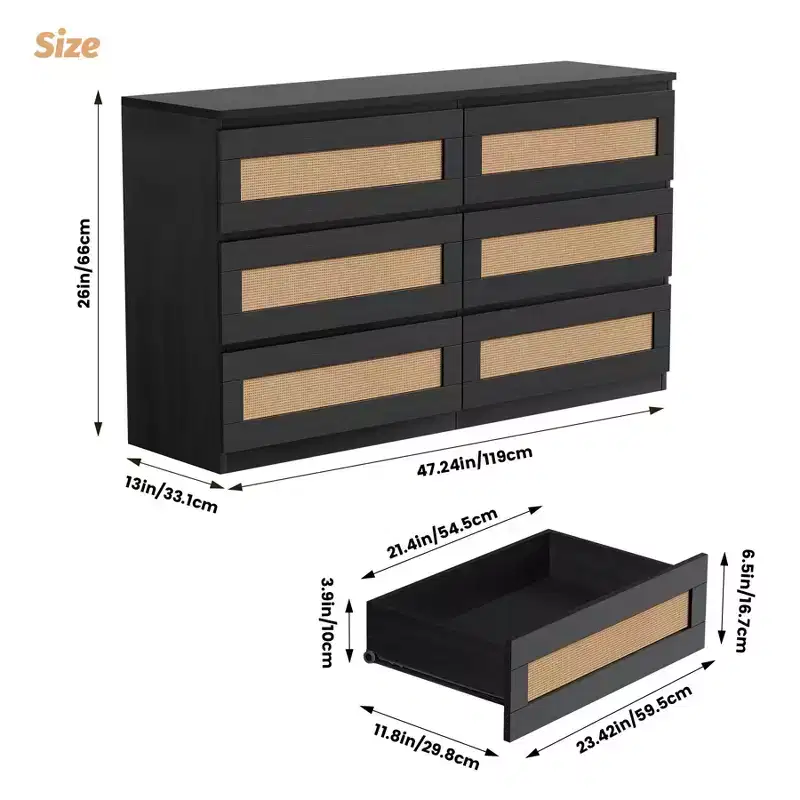 Wood Rattan 6 Drawer Dresser with Charging Station and Strong Base, Storage Organizer for Living Room, Hallway