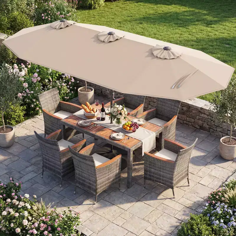 Gymax 8-Piece Patio Dining Set w/ Double-Sided Market Umbrella Acacia Wood Top