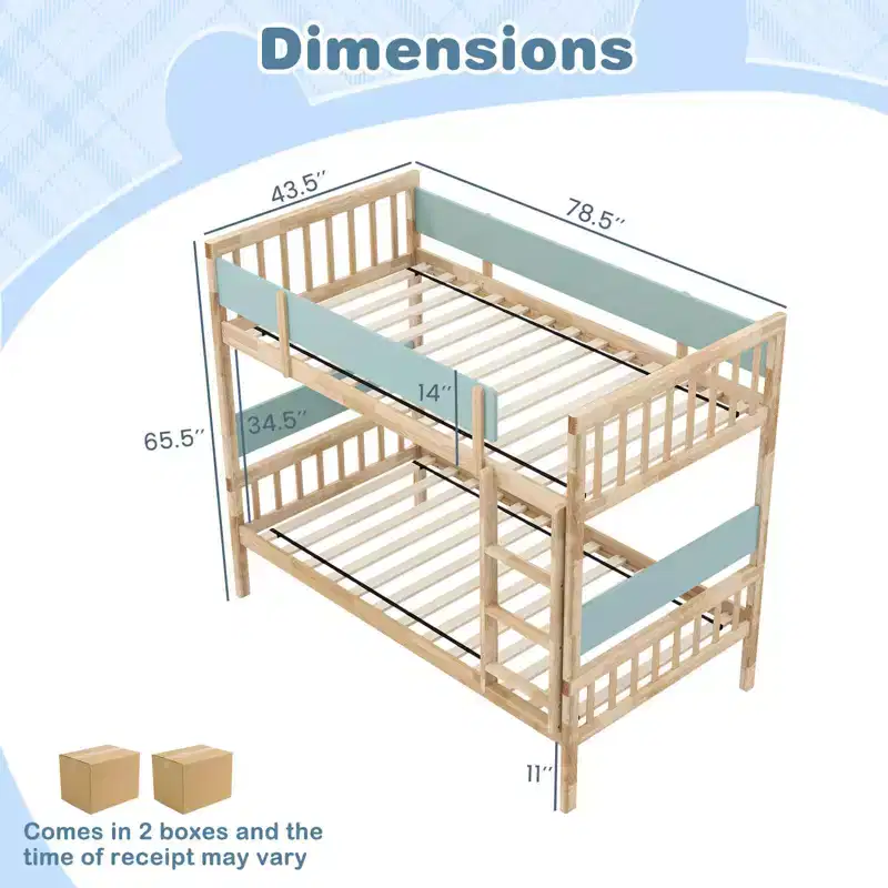 Costway Twin Over Twin Bunk Bed Solid Wood Bed Frame with Ladder Full-length Guardrails White/Natural