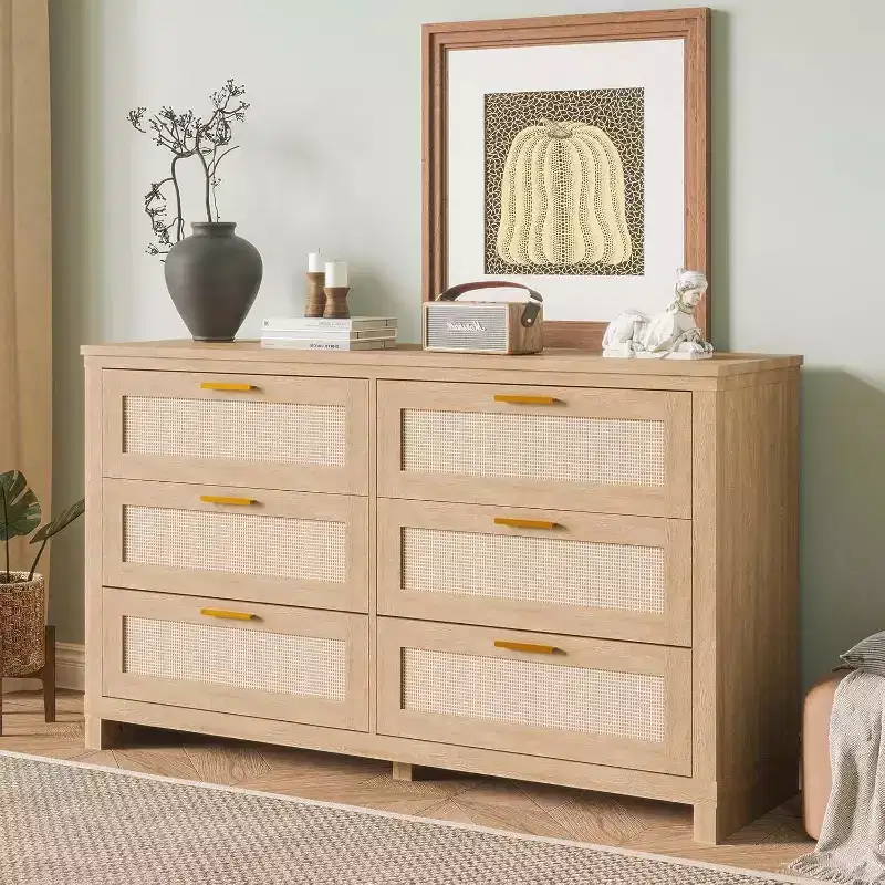 Acekool 6-Drawer Rattan Dresser, Boho Modern Chest with Woven Fronts, Large Storage Cabinet for Bedroom, Closet, Living Room, Natural