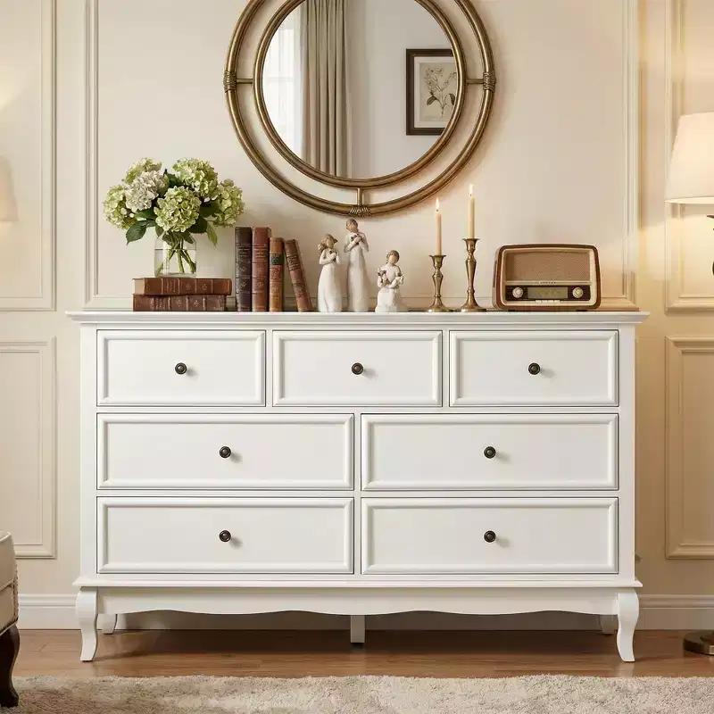 7-Drawer Dresser for Bedroom – White Paint Finish with Distinctive Wooden Legs