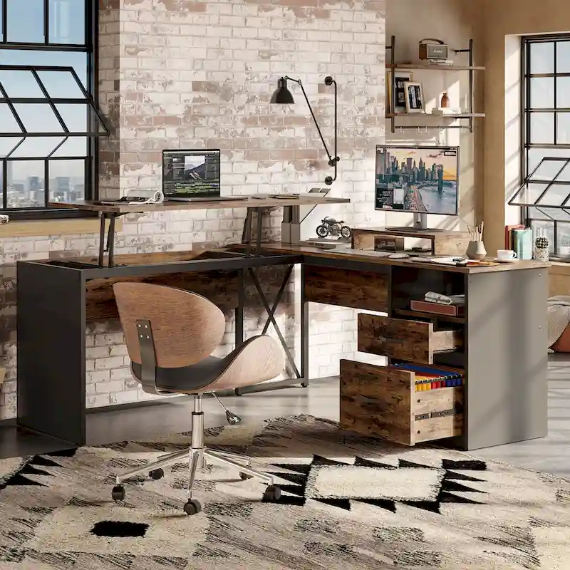 55.7 Uplift L Shaped Computer Desk with Drawers & Monitor Stand