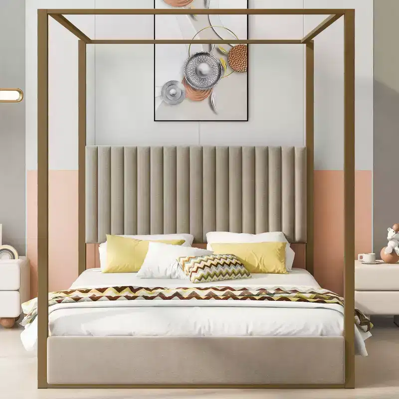 Queen/King Size Upholstered Canopy Platform Bed with Headboard and Metal Frame -