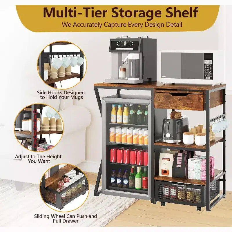 3-Tier Mini Fridge Stand with Power Outlet, Storage Basket & Pull-Out Work Platform - Heavy Duty Microwave Coffee Bar Rack for Dorms