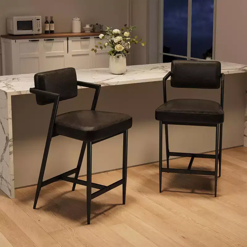 Set of 2 Farmhouse Bar Stools, Upholstered Tall Counter Height Chairs, Metal Frame, with Thick Cushion, Backrest, for Kitchen Island, Home Bar