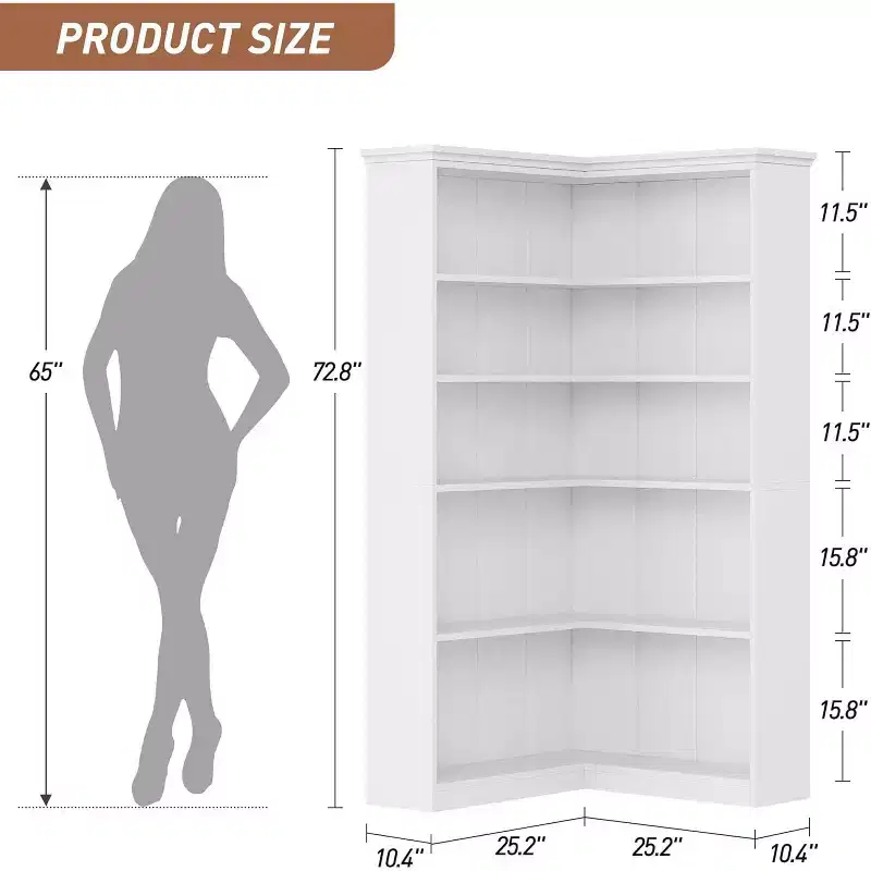 72.8in L-Shaped Corner Bookshelf,5-Tier Farmhouse Wood Bookcase,Space-Saving Storage Shelf with Anti-Tip Design,Half-Back Version